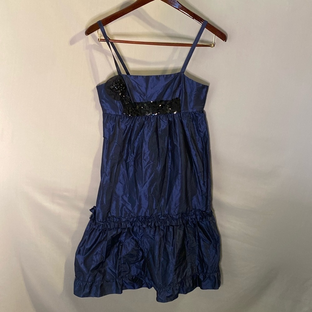 Vera Wang Blue Cocktail Mini Dress Beaded Ruffle